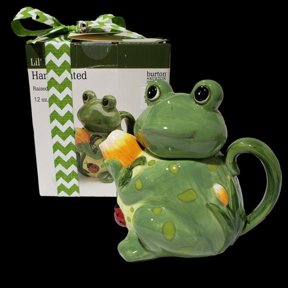 Lil' Frog Ceramic Teapot - 12 oz. Handpainted. By - Burton +Burton. New!